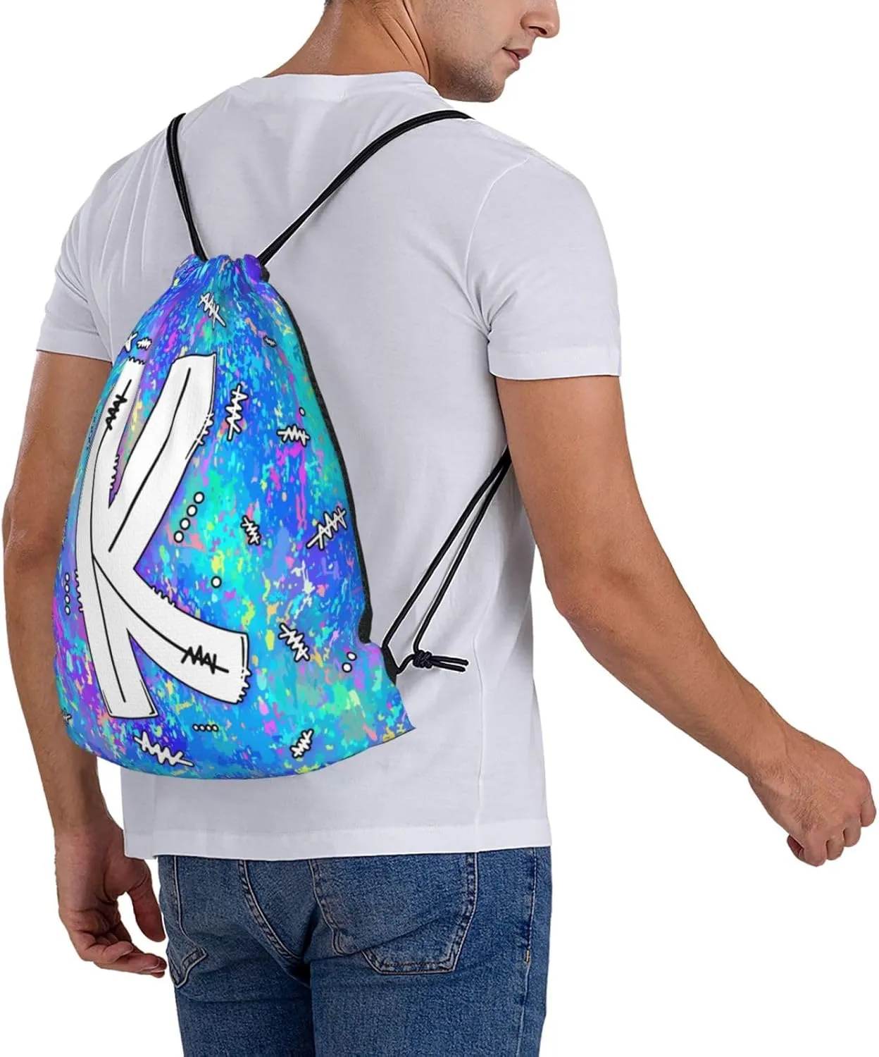Drawstring Backpack Bag Sport Gym Sackpack Initial Blue Draw String Cinch Bags Bulk String Backpack Storage Bag for Women Men Letters K