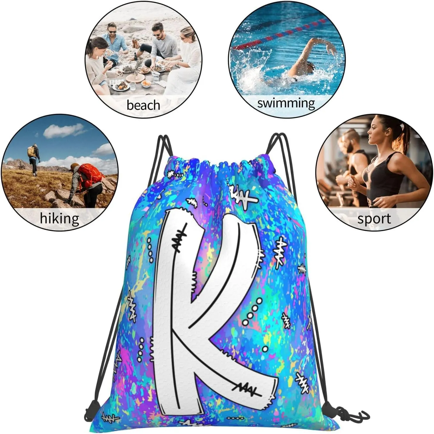 Drawstring Backpack Bag Sport Gym Sackpack Initial Blue Draw String Cinch Bags Bulk String Backpack Storage Bag for Women Men Letters K
