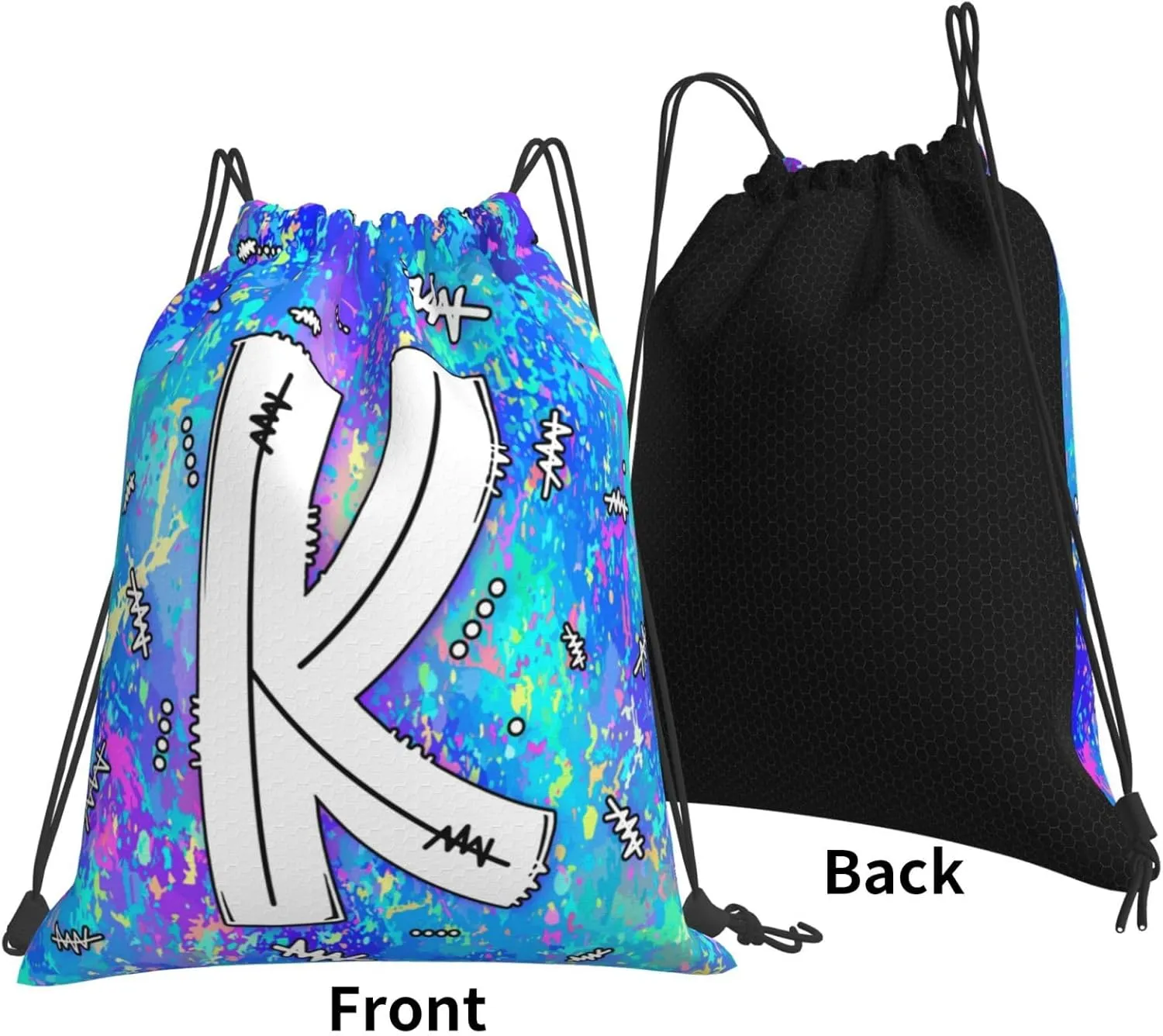 Drawstring Backpack Bag Sport Gym Sackpack Initial Blue Draw String Cinch Bags Bulk String Backpack Storage Bag for Women Men Letters K