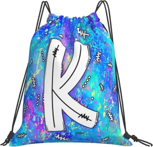 Drawstring Backpack Bag Sport Gym Sackpack Initial Blue Draw String Cinch Bags Bulk String Backpack Storage Bag for Women Men Letters K