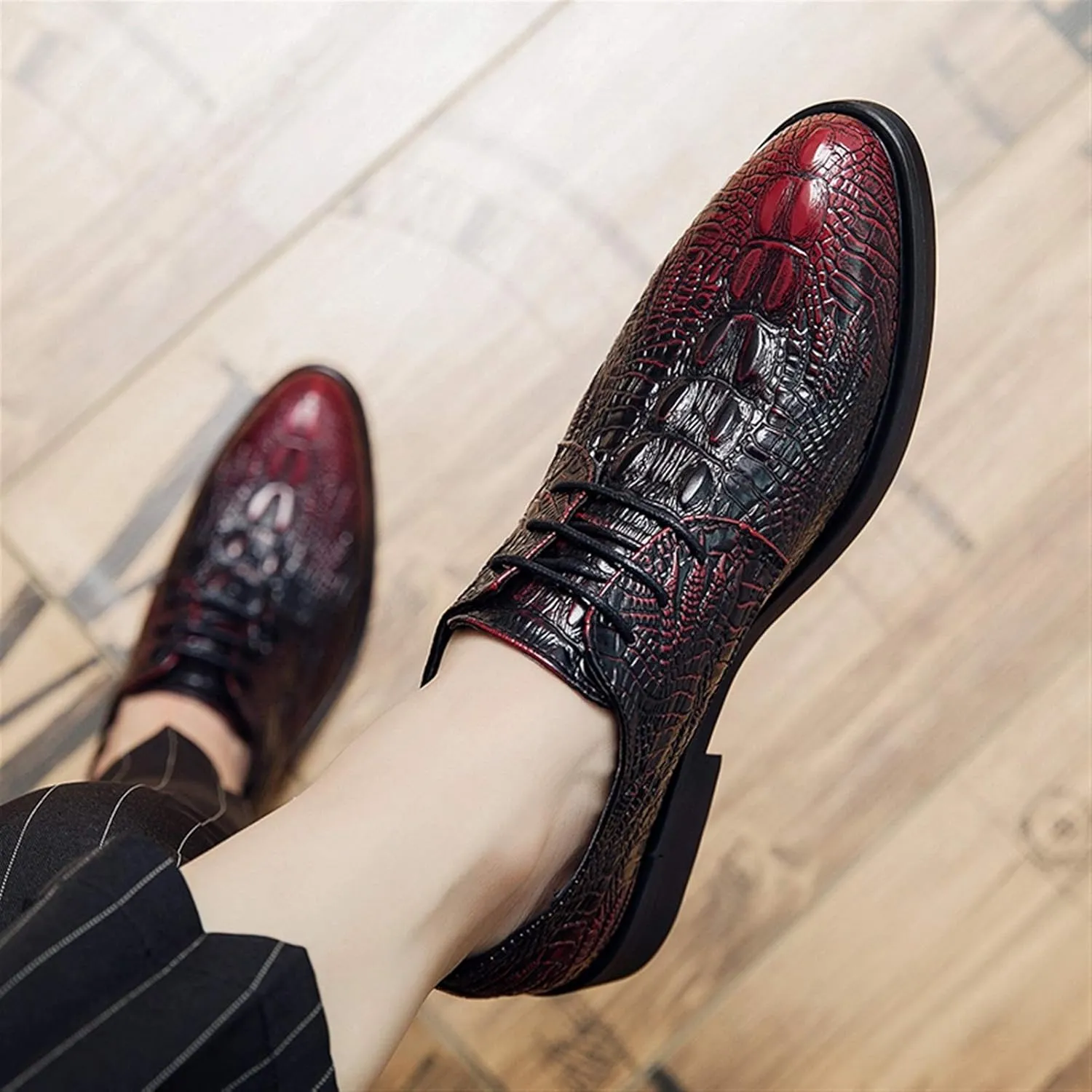 Dress Oxford for Men Lace Up Crocodile Embossed Round Toe Faux Leather Non Slip Rubber Sole Block Heel Wedding