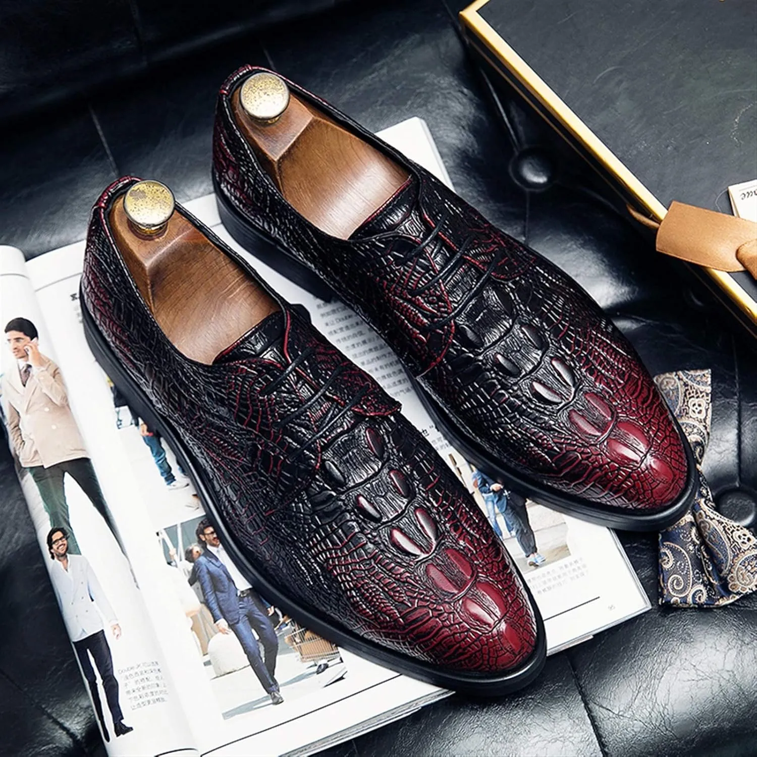 Dress Oxford for Men Lace Up Crocodile Embossed Round Toe Faux Leather Non Slip Rubber Sole Block Heel Wedding