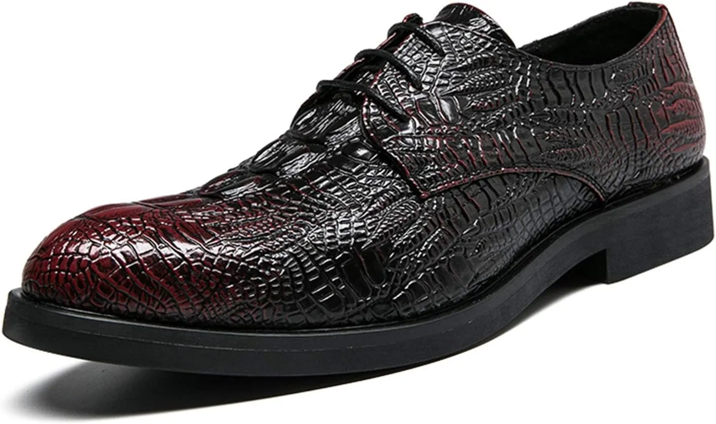 Dress Oxford for Men Lace Up Crocodile Embossed Round Toe Faux Leather Non Slip Rubber Sole Block Heel Wedding