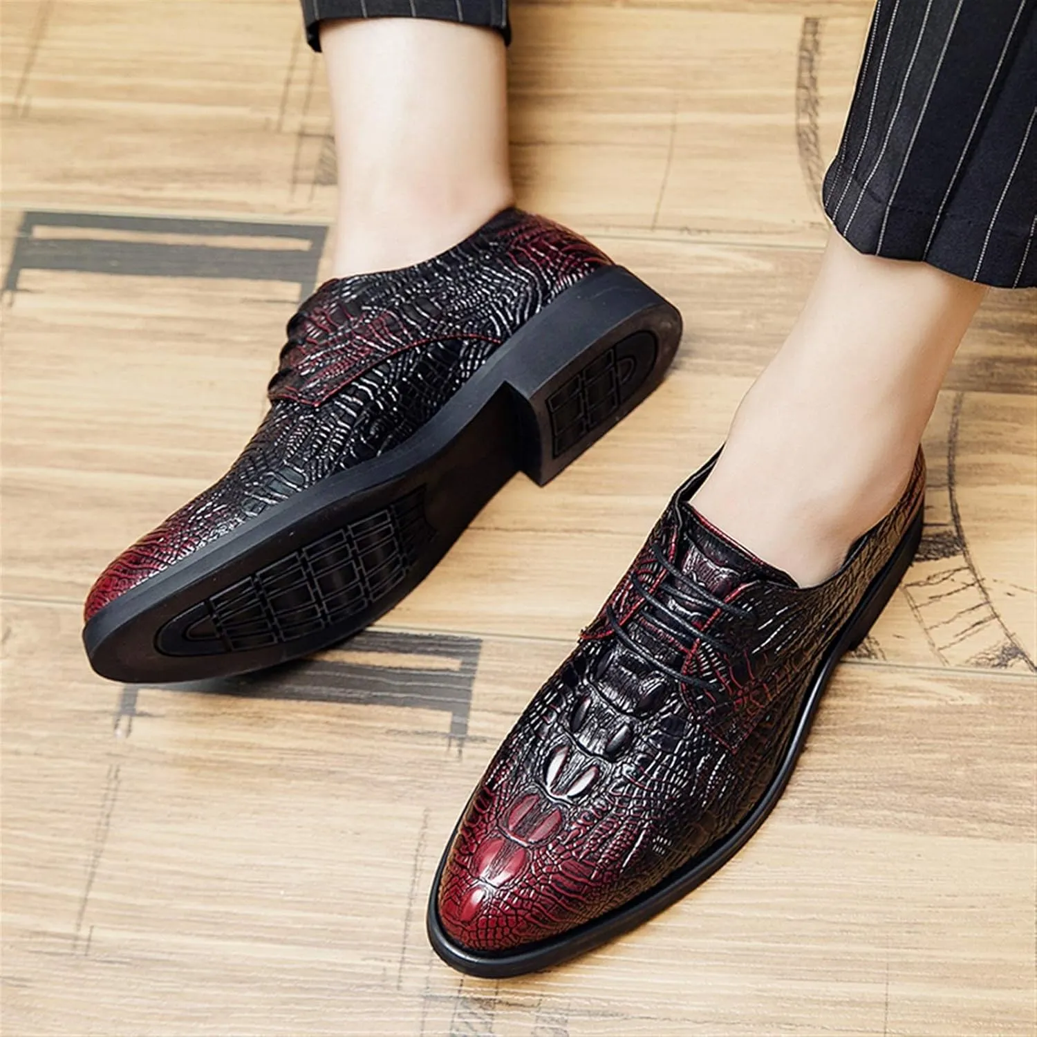 Dress Oxford for Men Lace Up Crocodile Embossed Round Toe Faux Leather Non Slip Rubber Sole Block Heel Wedding