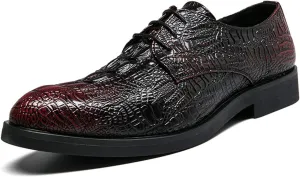 Dress Oxford for Men Lace Up Crocodile Embossed Round Toe Faux Leather Non Slip Rubber Sole Block Heel Wedding