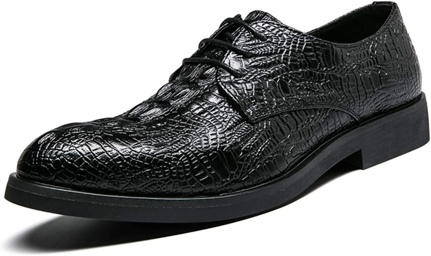 Dress Oxford for Men Lace Up Crocodile Embossed Round Toe Faux Leather Non Slip Rubber Sole Block Heel Wedding(Black,10 M US)