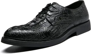 Dress Oxford for Men Lace Up Crocodile Embossed Round Toe Faux Leather Non Slip Rubber Sole Block Heel Wedding(Black,10 M US)