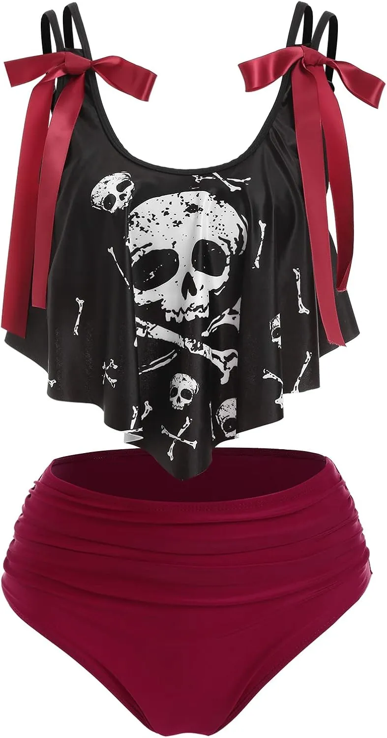 DRESSFO Women's Bikini Set High Waisted Bikini Two Piece Bathing Suit Tummy Control Tankini Gothic Skull Swimsuit