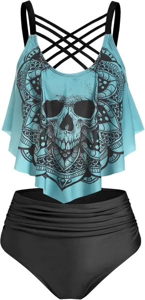 DRESSFO Women's Bikini Set High Waisted Bikini Two Piece Bathing Suit Tummy Control Tankini Gothic Skull Swimsuit