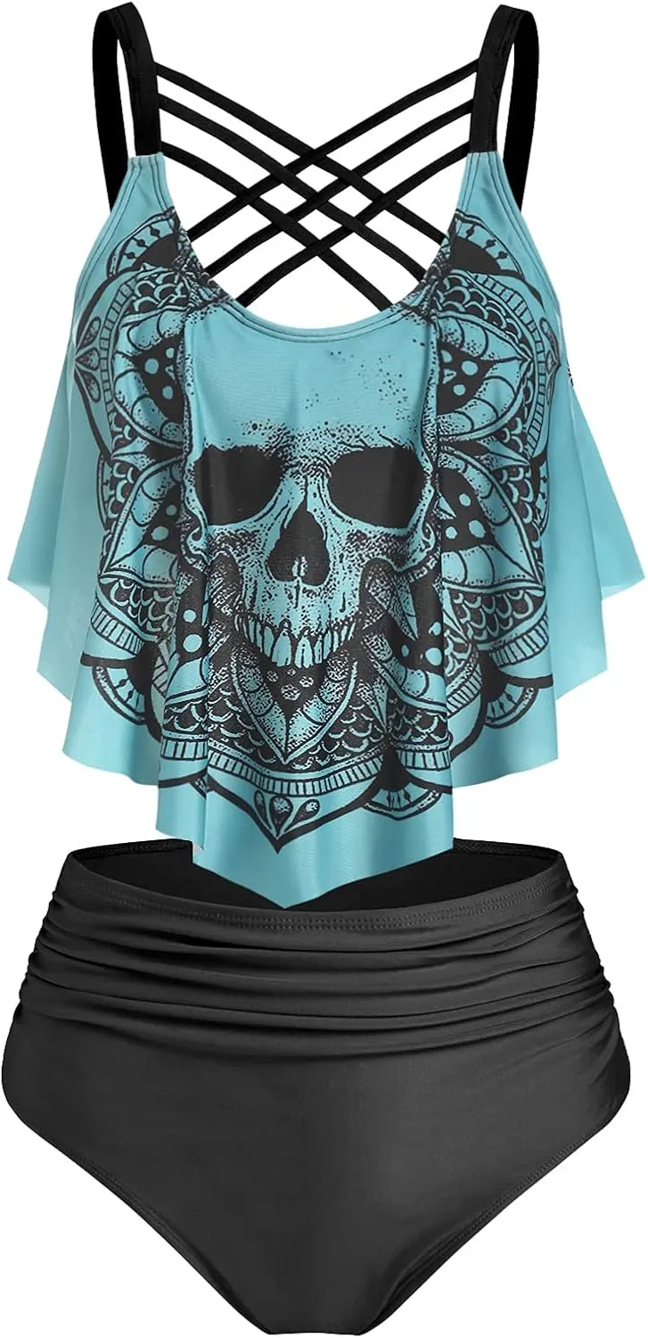 DRESSFO Women's Bikini Set High Waisted Bikini Two Piece Bathing Suit Tummy Control Tankini Gothic Skull Swimsuit