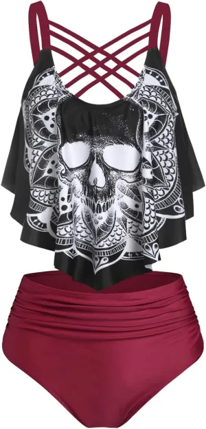 DRESSFO Women's Bikini Set High Waisted Bikini Two Piece Bathing Suit Tummy Control Tankini Gothic Skull Swimsuit