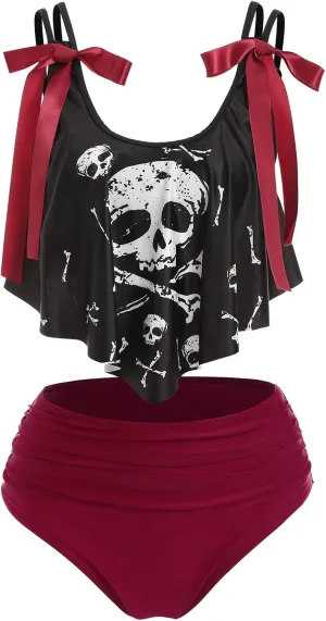 DRESSFO Women's Bikini Set High Waisted Bikini Two Piece Bathing Suit Tummy Control Tankini Gothic Skull Swimsuit