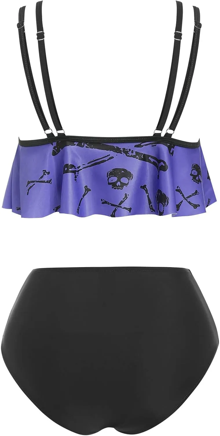 DRESSFO Women's Bikini Set High Waisted Bikini Two Piece Bathing Suit Tummy Control Tankini Gothic Skull Swimsuit
