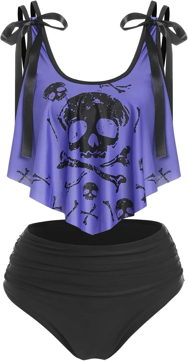 DRESSFO Women's Bikini Set High Waisted Bikini Two Piece Bathing Suit Tummy Control Tankini Gothic Skull Swimsuit
