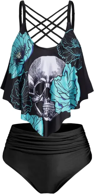 DRESSFO Women's Bikini Set High Waisted Bikini Two Piece Bathing Suit Tummy Control Tankini Gothic Skull Swimsuit