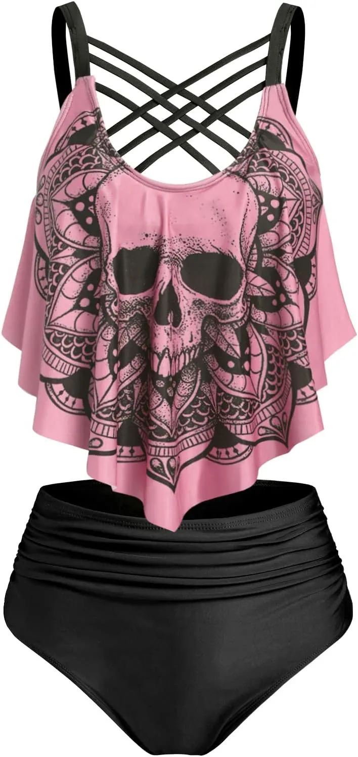 DRESSFO Women's Bikini Set High Waisted Bikini Two Piece Bathing Suit Tummy Control Tankini Gothic Skull Swimsuit