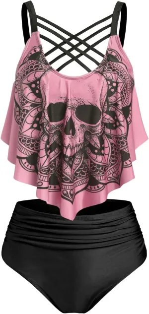 DRESSFO Women's Bikini Set High Waisted Bikini Two Piece Bathing Suit Tummy Control Tankini Gothic Skull Swimsuit