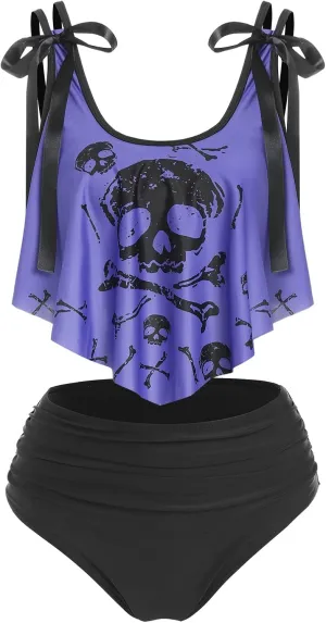 DRESSFO Women's Bikini Set High Waisted Bikini Two Piece Bathing Suit Tummy Control Tankini Gothic Skull Swimsuit