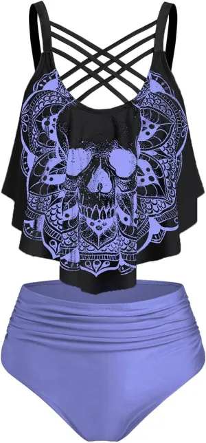 DRESSFO Women's Bikini Set High Waisted Bikini Two Piece Bathing Suit Tummy Control Tankini Gothic Skull Swimsuit