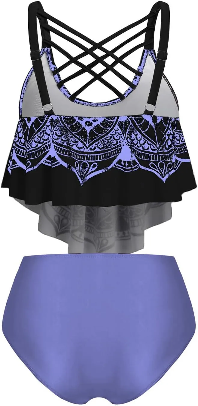 DRESSFO Women's Bikini Set High Waisted Bikini Two Piece Bathing Suit Tummy Control Tankini Gothic Skull Swimsuit