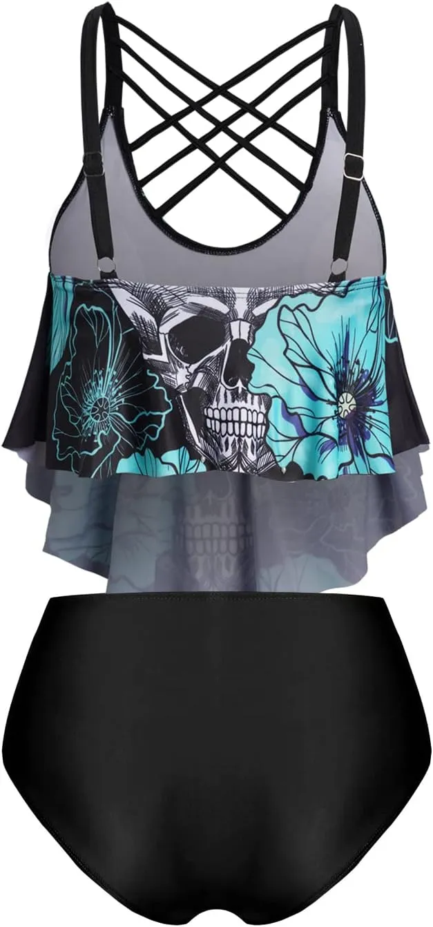 DRESSFO Women's Bikini Set High Waisted Bikini Two Piece Bathing Suit Tummy Control Tankini Gothic Skull Swimsuit