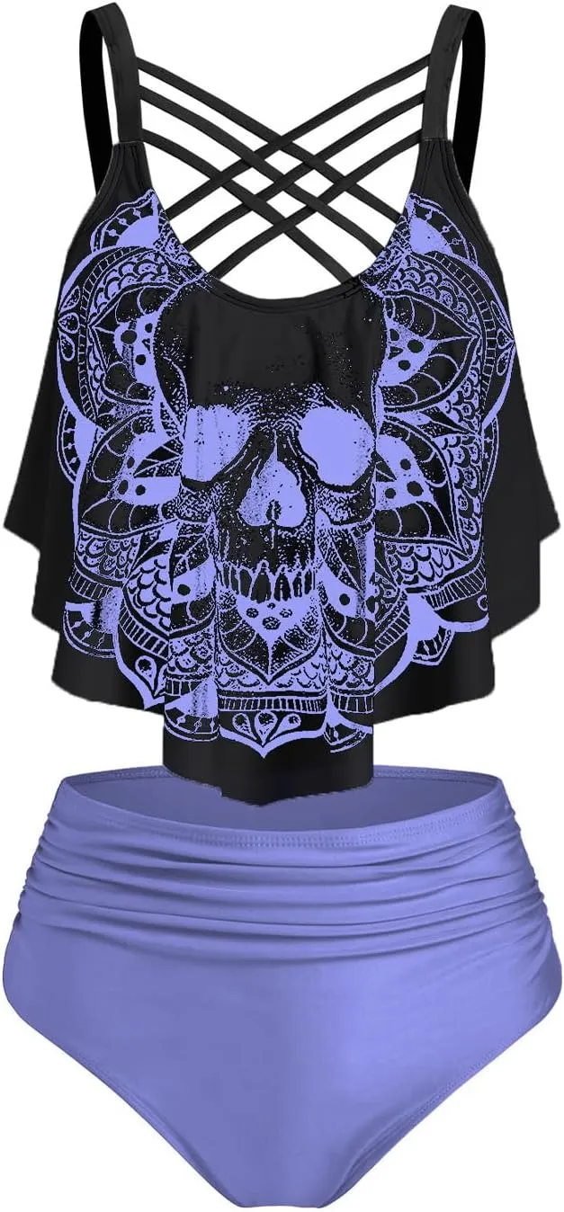 DRESSFO Women's Bikini Set High Waisted Bikini Two Piece Bathing Suit Tummy Control Tankini Gothic Skull Swimsuit