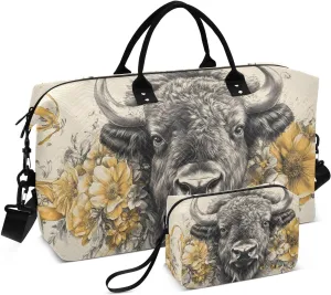 Duffle Bag Bison Floral for Travel, Gym Bag with Multiple Interior Pockets for Men Women Overnight Purse Included 20.5 x 1.9 x 13.8 In
