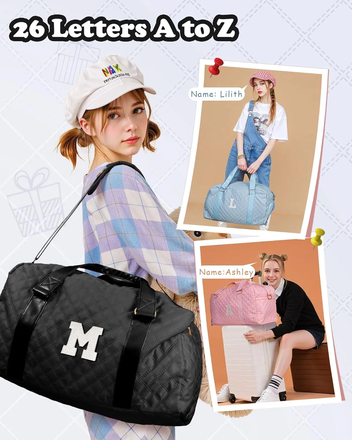 Duffle Bag Girls, Weekender Bags for Women, Personalized Gym bag for Girls, Monogram Duffel bags, Birthday Gift for Kids, Teens, Women, Mom, Teacher