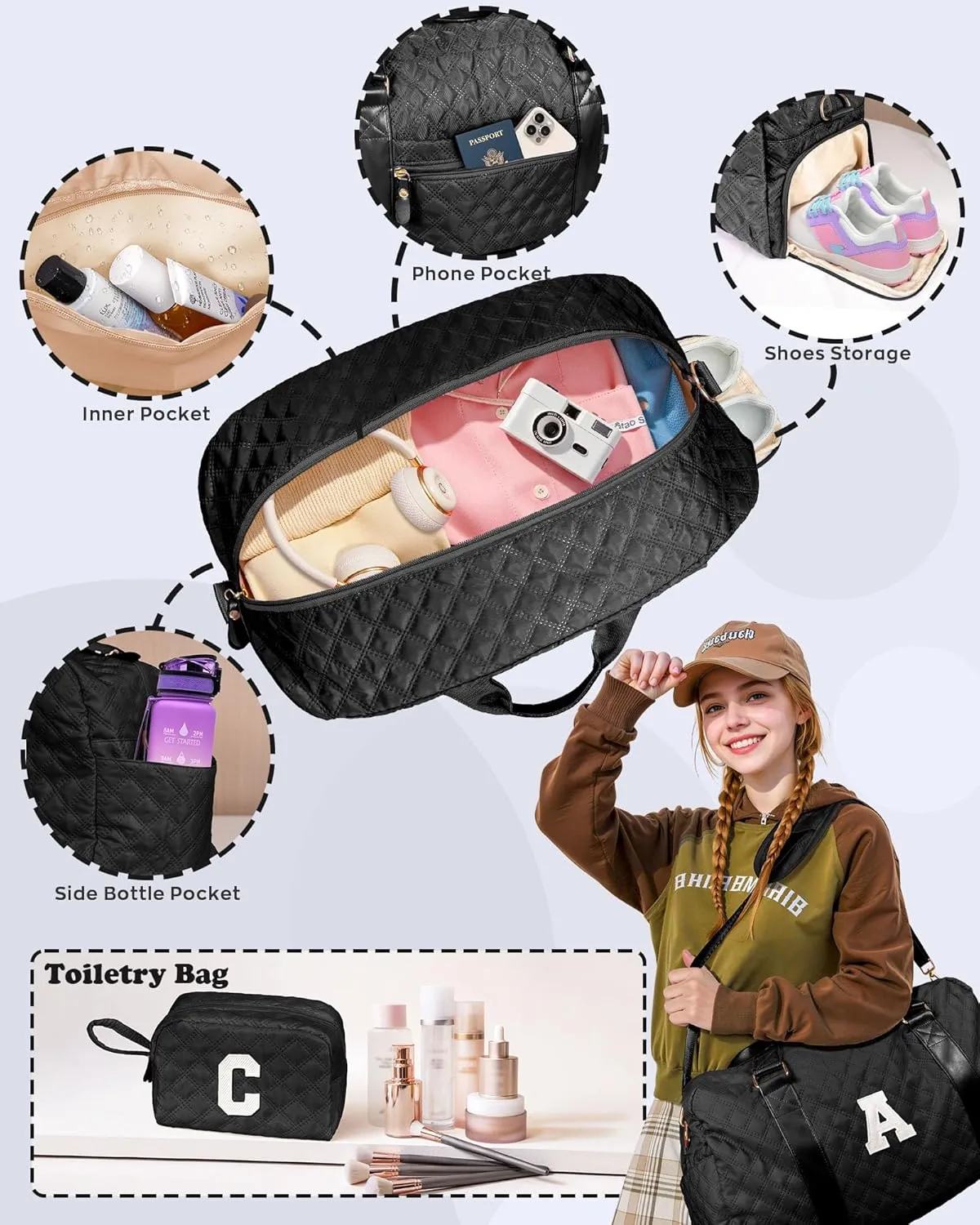 Duffle Bag Girls, Weekender Bags for Women, Personalized Gym bag for Girls, Monogram Duffel bags, Birthday Gift for Kids, Teens, Women, Mom, Teacher