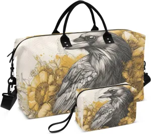 Duffle Bag Raven Floral Gold for Travel, Gym Bag with Multiple Interior Pockets for Men Women Overnight Purse Included 20.5 x 1.9 x 13.8 In