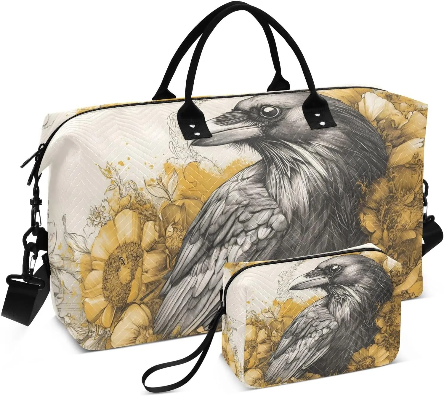 Duffle Bag Raven Floral Gold for Travel, Gym Bag with Multiple Interior Pockets for Men Women Overnight Purse Included 20.5 x 1.9 x 13.8 In