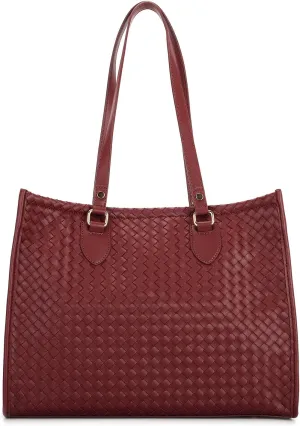 E Woven Pattern Tote Bag for Women Vegan Leather Top Handle Handbag