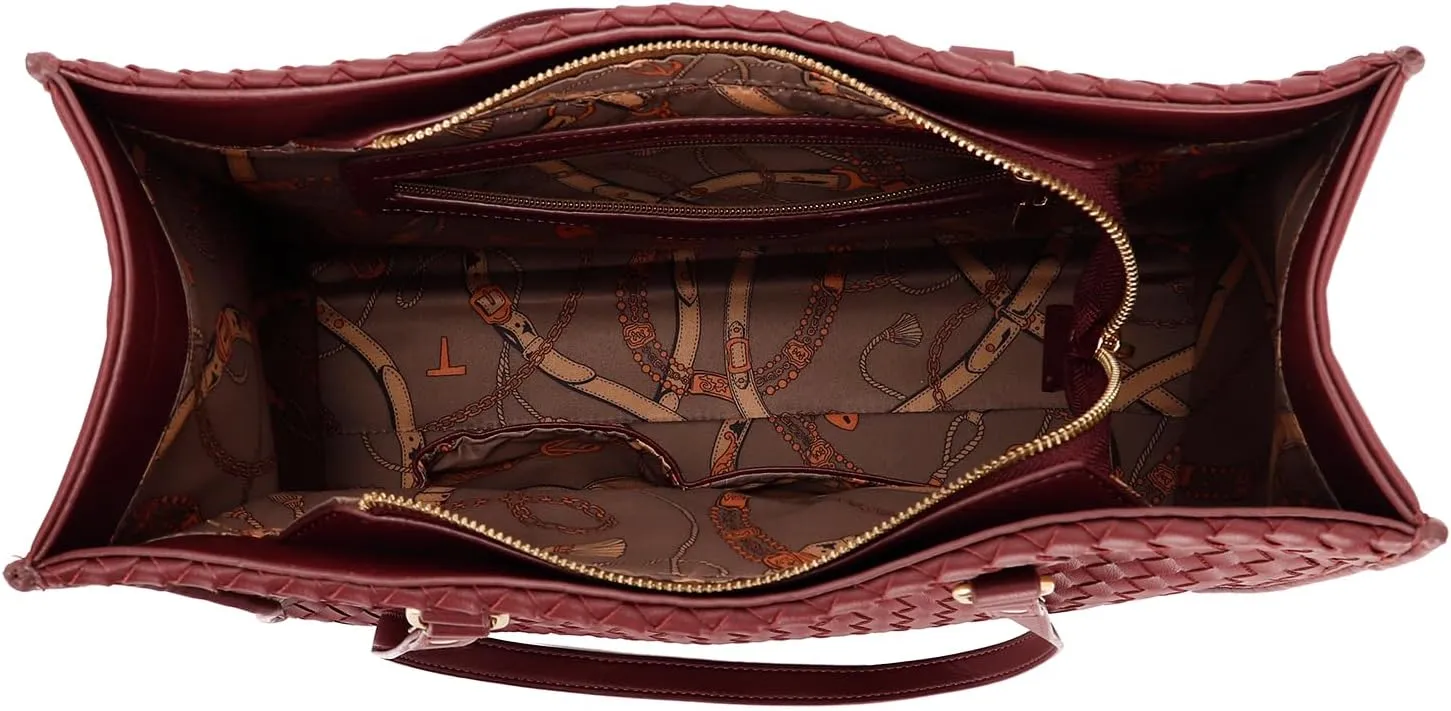 E Woven Pattern Tote Bag for Women Vegan Leather Top Handle Handbag