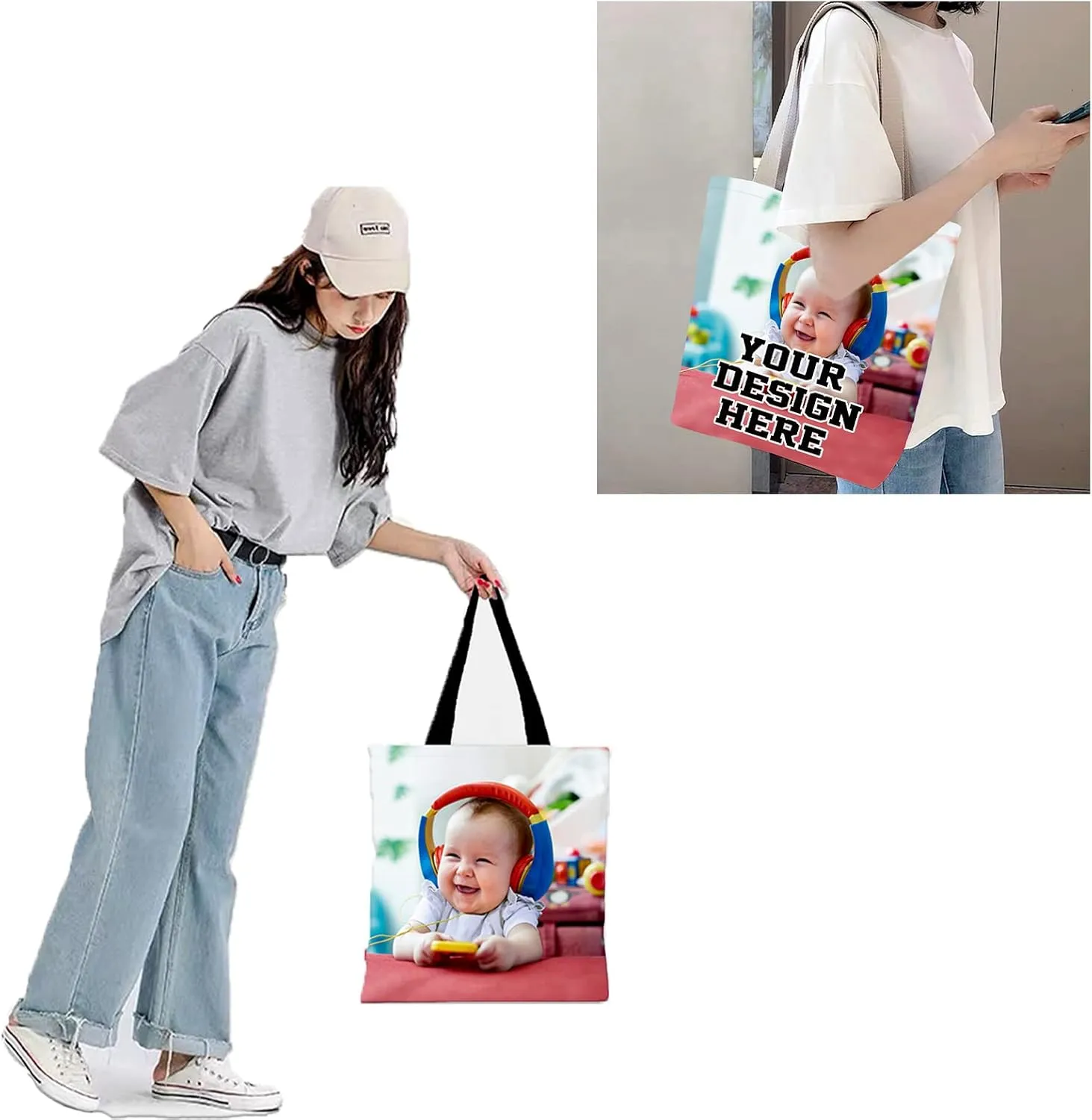 EAQ Personalized Tote Bag Custom Canvas Bag with Photo Reusable Canvas Tote Bags for Daily Use Gifts