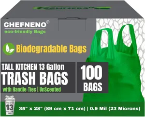 Eco-friendly 13 Gallon Biodegradable Tall Kitchen Trash Bags with Handles (100 Count) Green Medium Garbage Bag Can Liners Wastebasket Bags Portable Camping Toilet Bags Made With epi TDPA (100 Bags)