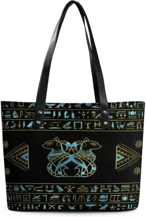 Egyptian Cats Hieroglyphs Gold Blue Women Tote Bags Top Handle Satchel Handbags Faux Leather Tassel Shoulder Purse