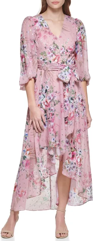 Eliza J Women's 3/4 Balloon Sleeve V-Neck Hi-lo Maxi Dress