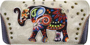 Embroidery Colorful Indian Elephant Western Style Women Wristlet Trifold Wallet Purse Cross Body Bag
