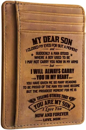 Engraved Leather Wallet - Front Pocket, Slim Minimalist Wallet for Men - Mother & Son Gift for Christmas or Graduation