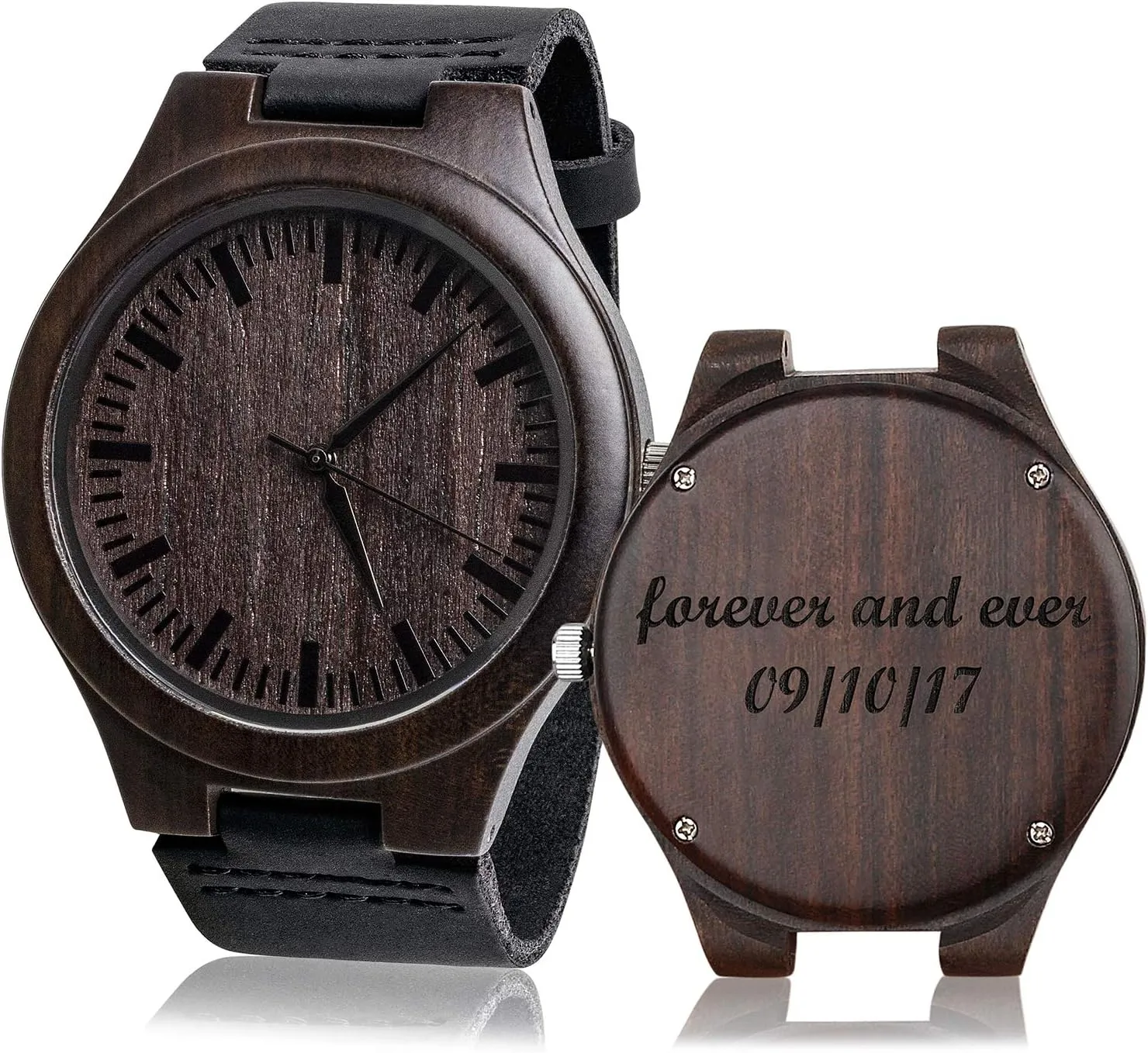 Engraved Personalized Vintage Analog Quartz Wooden Wrist Watches for Men Handmade Casual Mens Gift Father Watch Leather Strap Custom Gifts for Man Husband Boyfriend Dad Son
