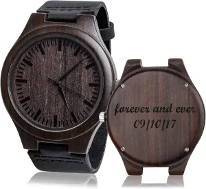 Engraved Personalized Vintage Analog Quartz Wooden Wrist Watches for Men Handmade Casual Mens Gift Father Watch Leather Strap Custom Gifts for Man Husband Boyfriend Dad Son
