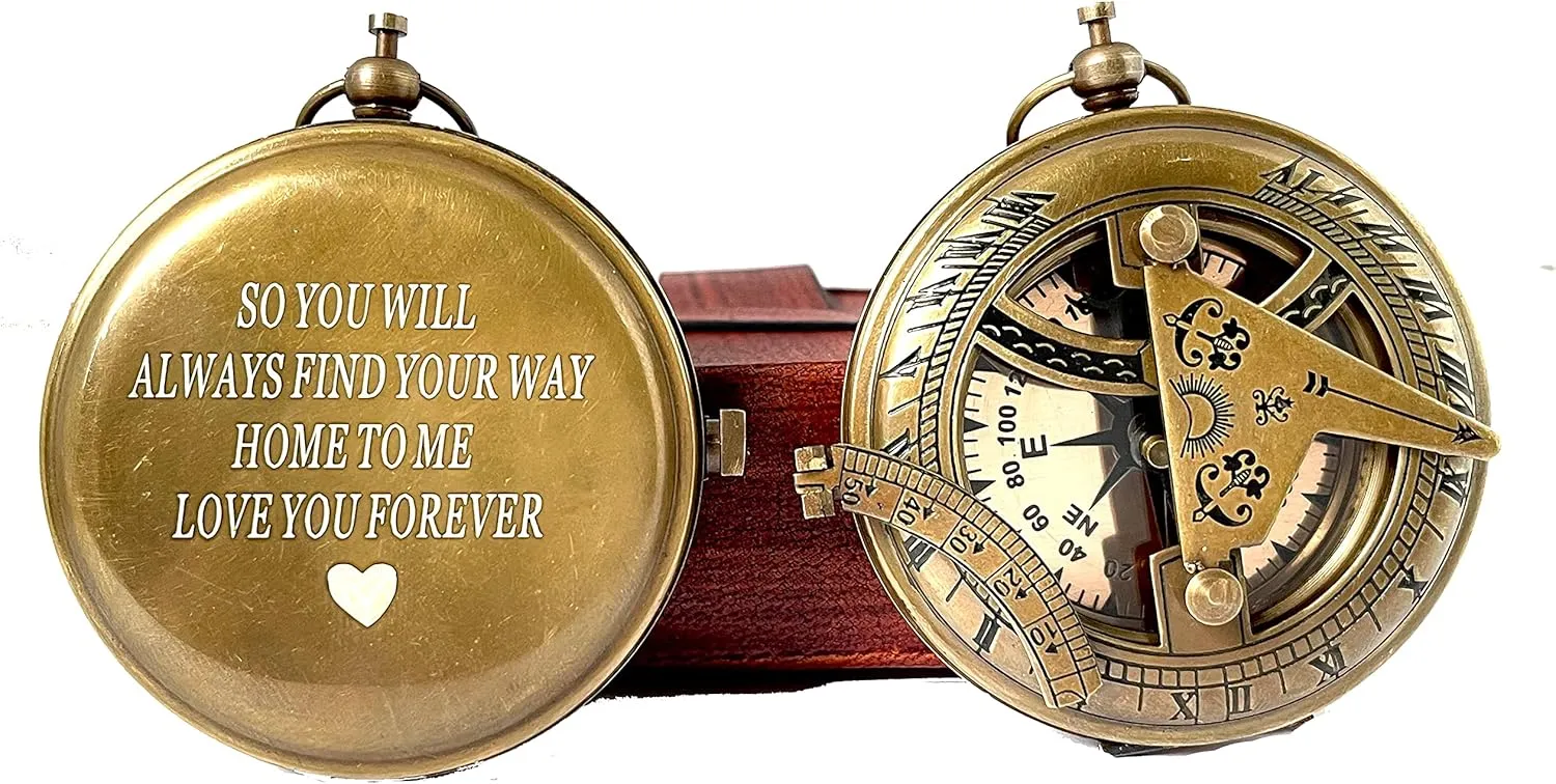 Engraved Sundial Compass with Leather case - Traveler Gift - Inspirational Gift - Adventurer Gift - Wedding Gift - Baptism Gift -