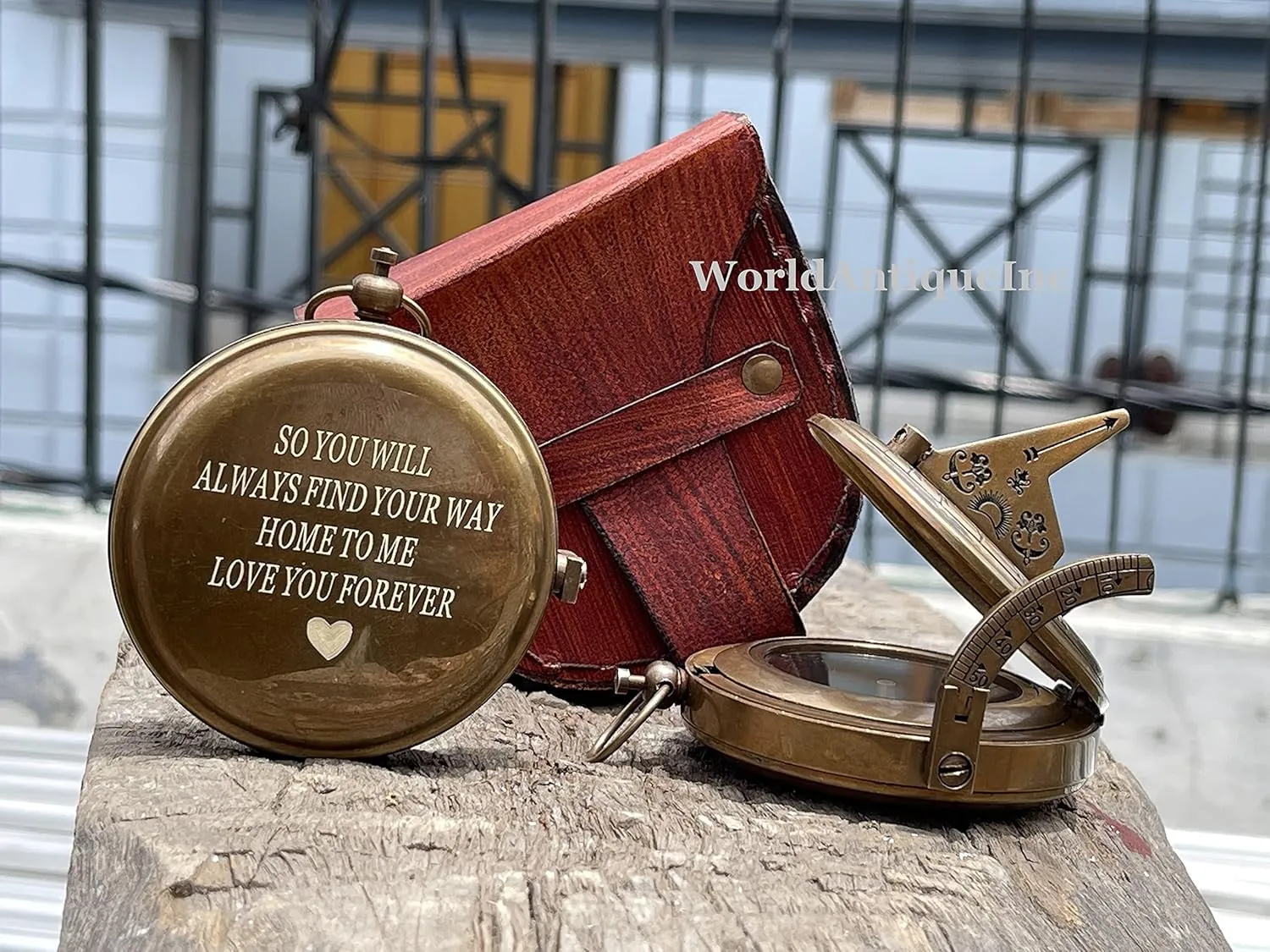 Engraved Sundial Compass with Leather case - Traveler Gift - Inspirational Gift - Adventurer Gift - Wedding Gift - Baptism Gift -
