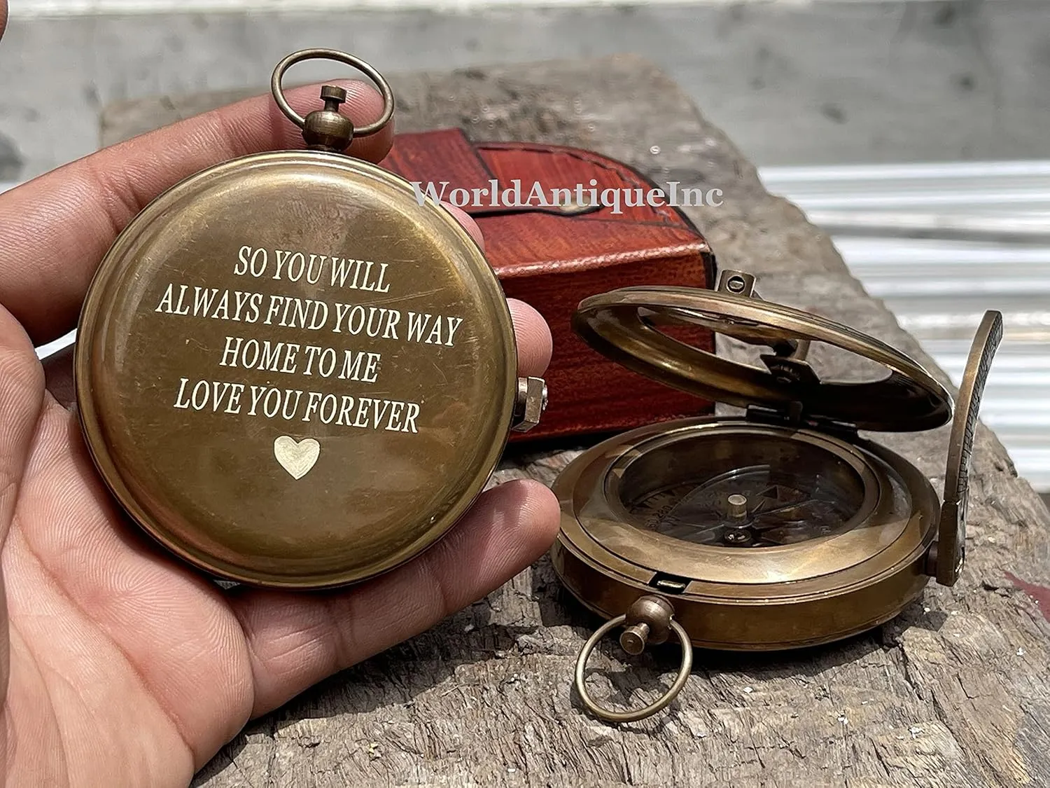 Engraved Sundial Compass with Leather case - Traveler Gift - Inspirational Gift - Adventurer Gift - Wedding Gift - Baptism Gift -