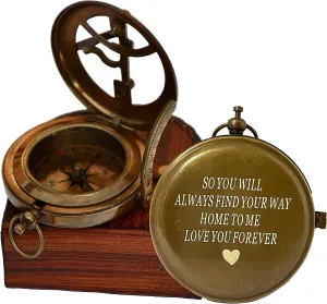 Engraved Sundial Compass with Leather case - Traveler Gift - Inspirational Gift - Adventurer Gift - Wedding Gift - Baptism Gift -