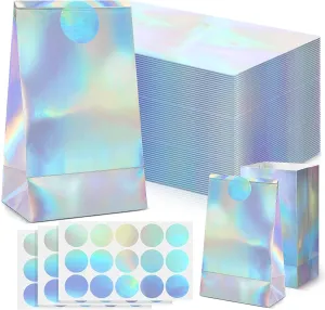 Estune 30 Pcs Iridescent Paper Gift Bag with Stickers Iridescent Party Favors Reusable Glitter Foil Holographic Goodie Candy Bags for Baby Shower Wedding Birthday Party Supplies, 8.3 x 5 x 3 Inch
