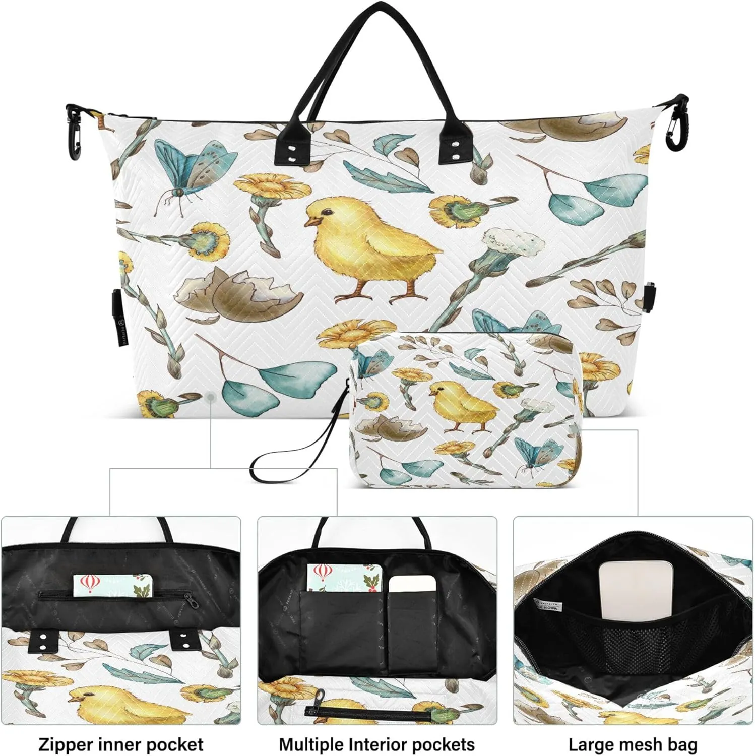 Exnundod Women Weekender Bags Floral Duckling Butterfly Travel Duffel Bags Carry On Overnight Bag Watercolor Large Hospital Tote Luggage