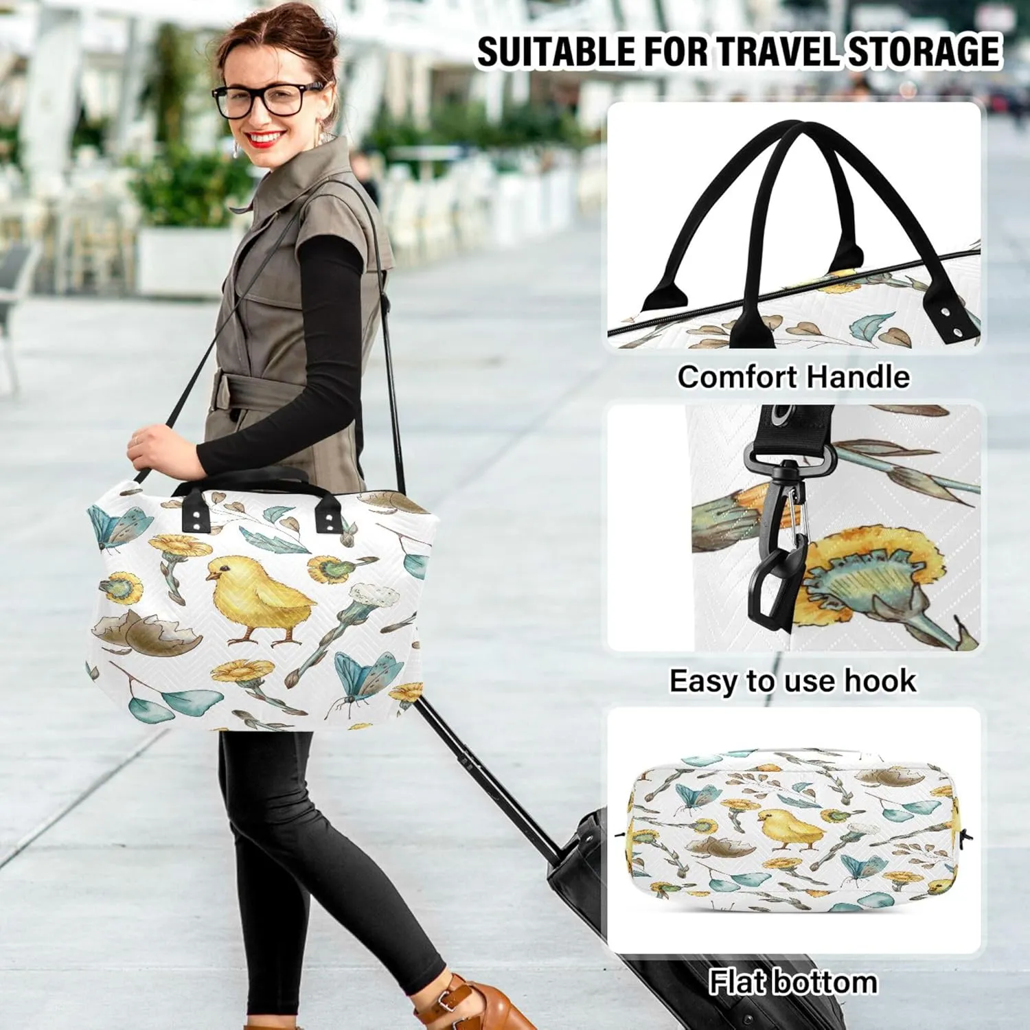Exnundod Women Weekender Bags Floral Duckling Butterfly Travel Duffel Bags Carry On Overnight Bag Watercolor Large Hospital Tote Luggage