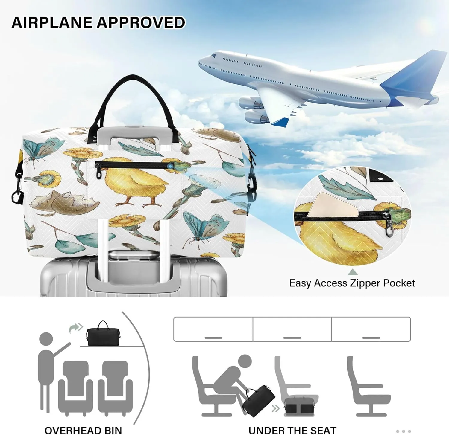 Exnundod Women Weekender Bags Floral Duckling Butterfly Travel Duffel Bags Carry On Overnight Bag Watercolor Large Hospital Tote Luggage