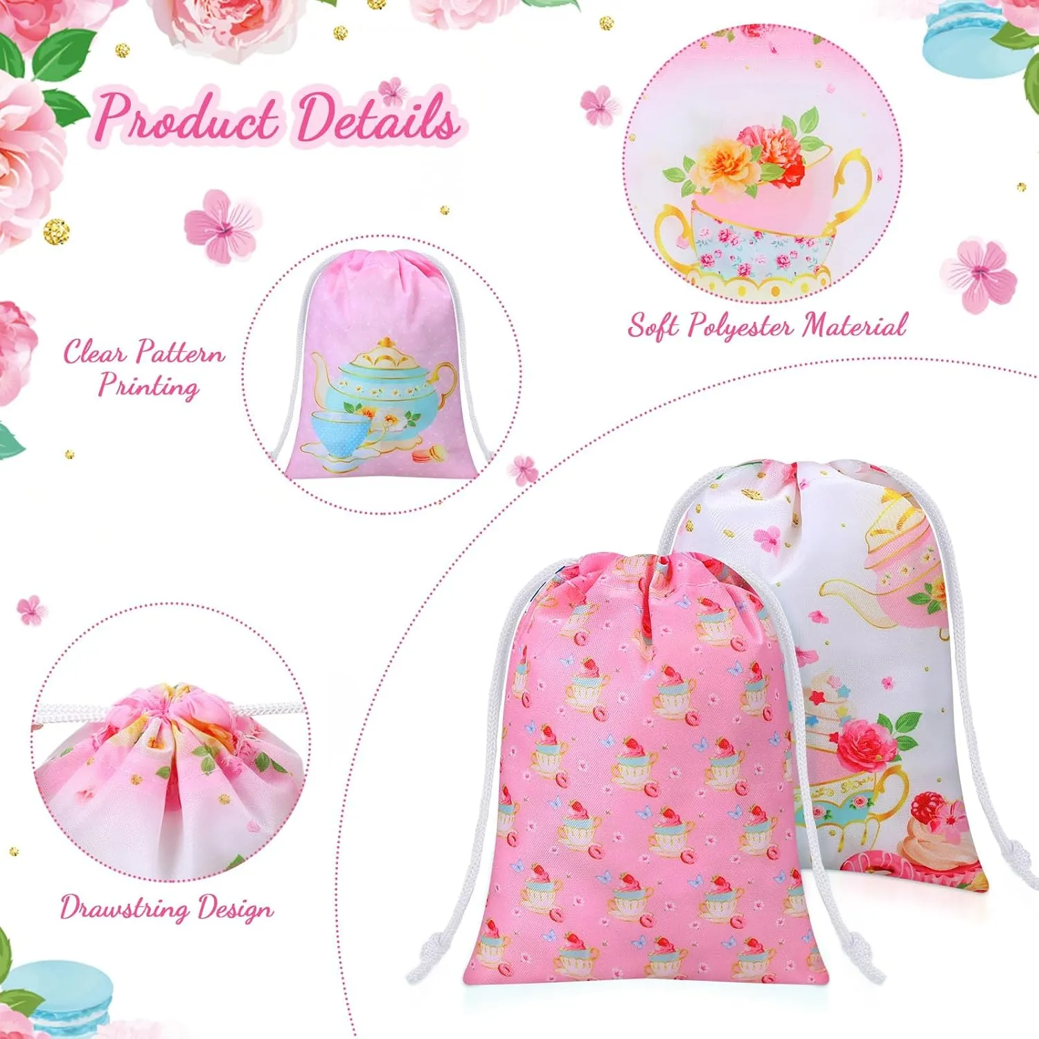 Faccito 24 Pieces Tea Party Favor Bags Tea Party Gift Drawstring Bags Floral Candy Goodies Treat Pouch for Birthday Baby Shower Favor Supplies